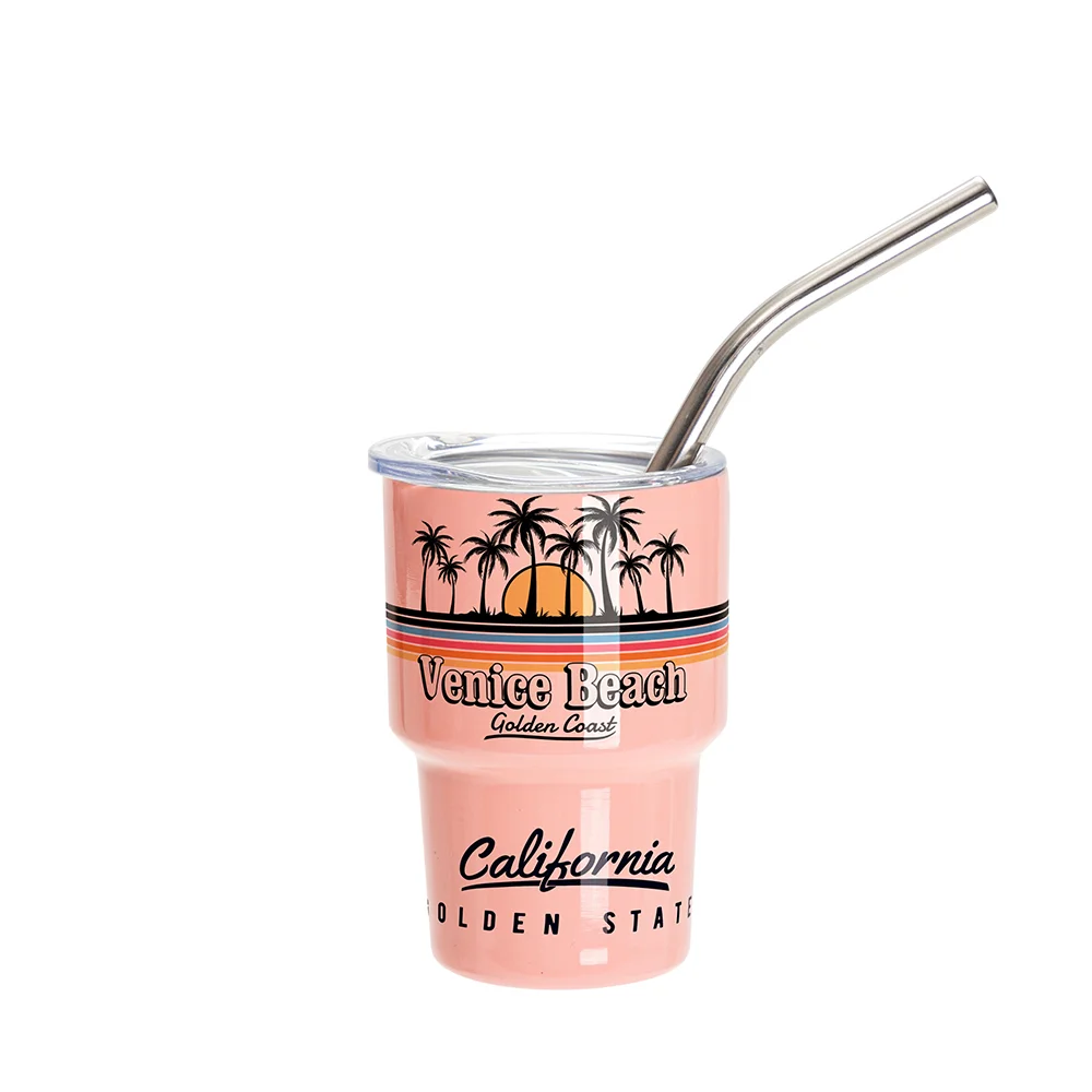 3oz/90ml Mini Sub Stainless Steel Tumbler Shot Glass w/ Straw(Coral Pink)
