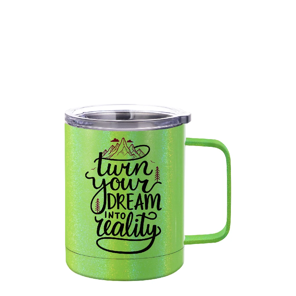 10oz Sublimation Insulated Stainless Steel Coffee Mug with Handle (Rainblow Glitter Light Green)