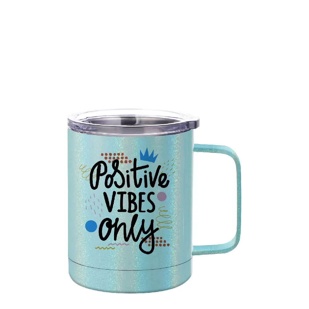 10oz Sublimation Insulated Stainless Steel Coffee Mug with Handle (Rainblow Glitter Mint Green)