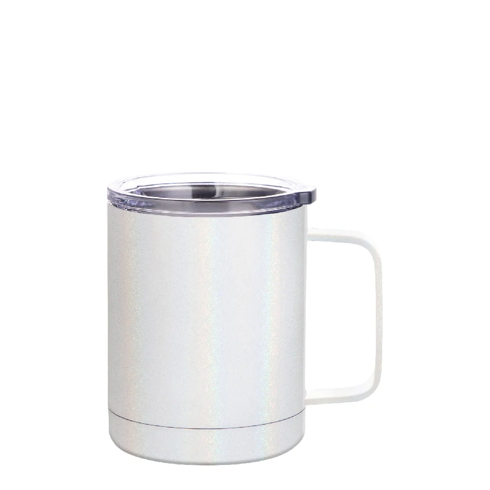 10oz Sublimation Insulated Stainless Steel Coffee Mug with Handle (Rainblow Glitter White)