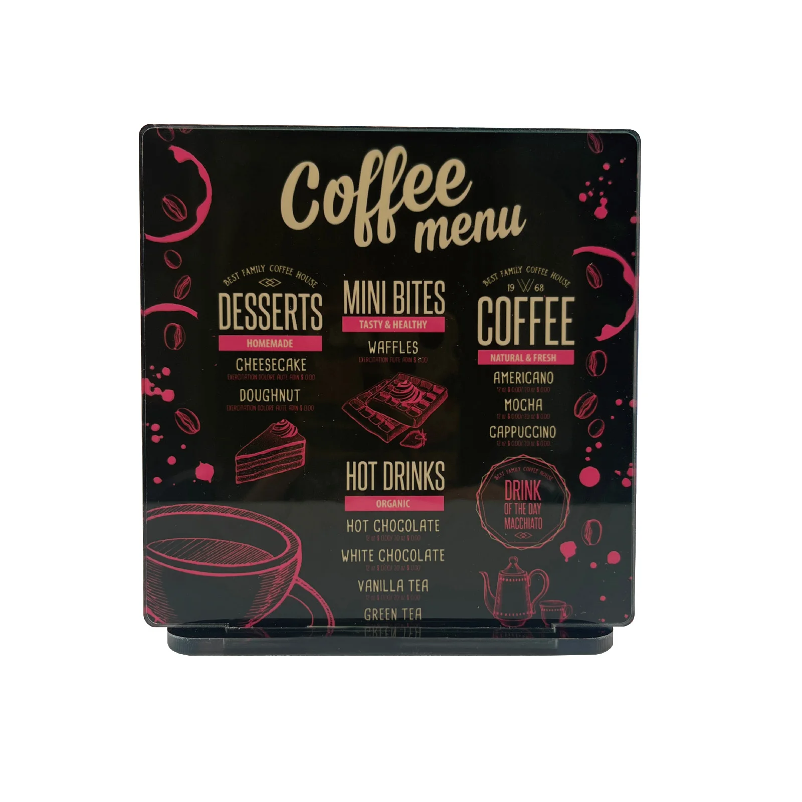Sublimation Coffee Bar Signs Acrylic Cafe Table Decor with Stand (Square,12*13*0.4cm)