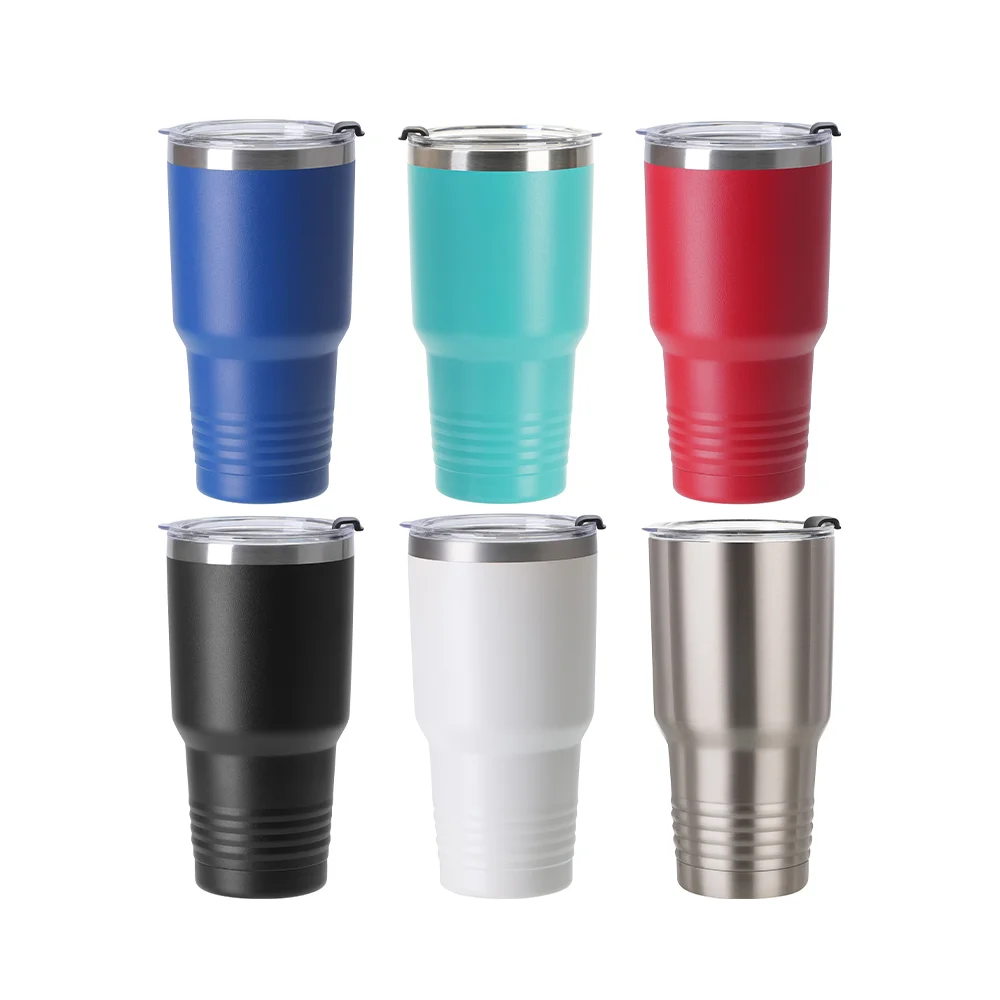 30oz/900ml Stainless Steel Tumbler w/ Ringneck Grip (Powder Coated, Black) thumbnail 4