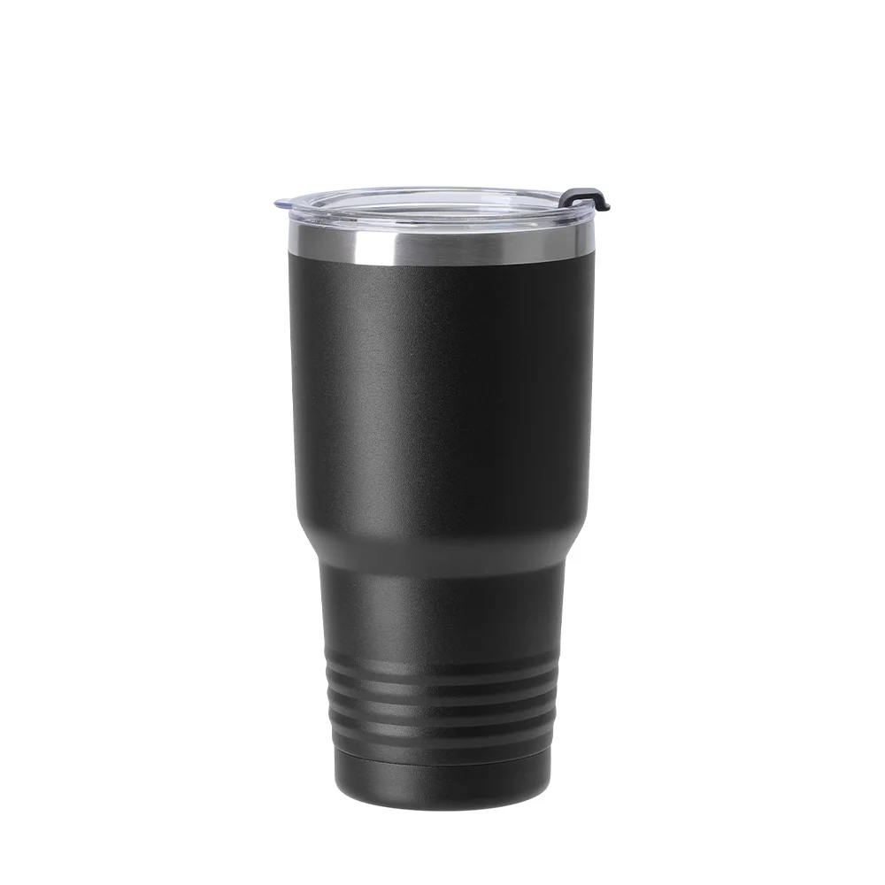30oz/900ml Stainless Steel Tumbler w/ Ringneck Grip (Powder Coated, Black)