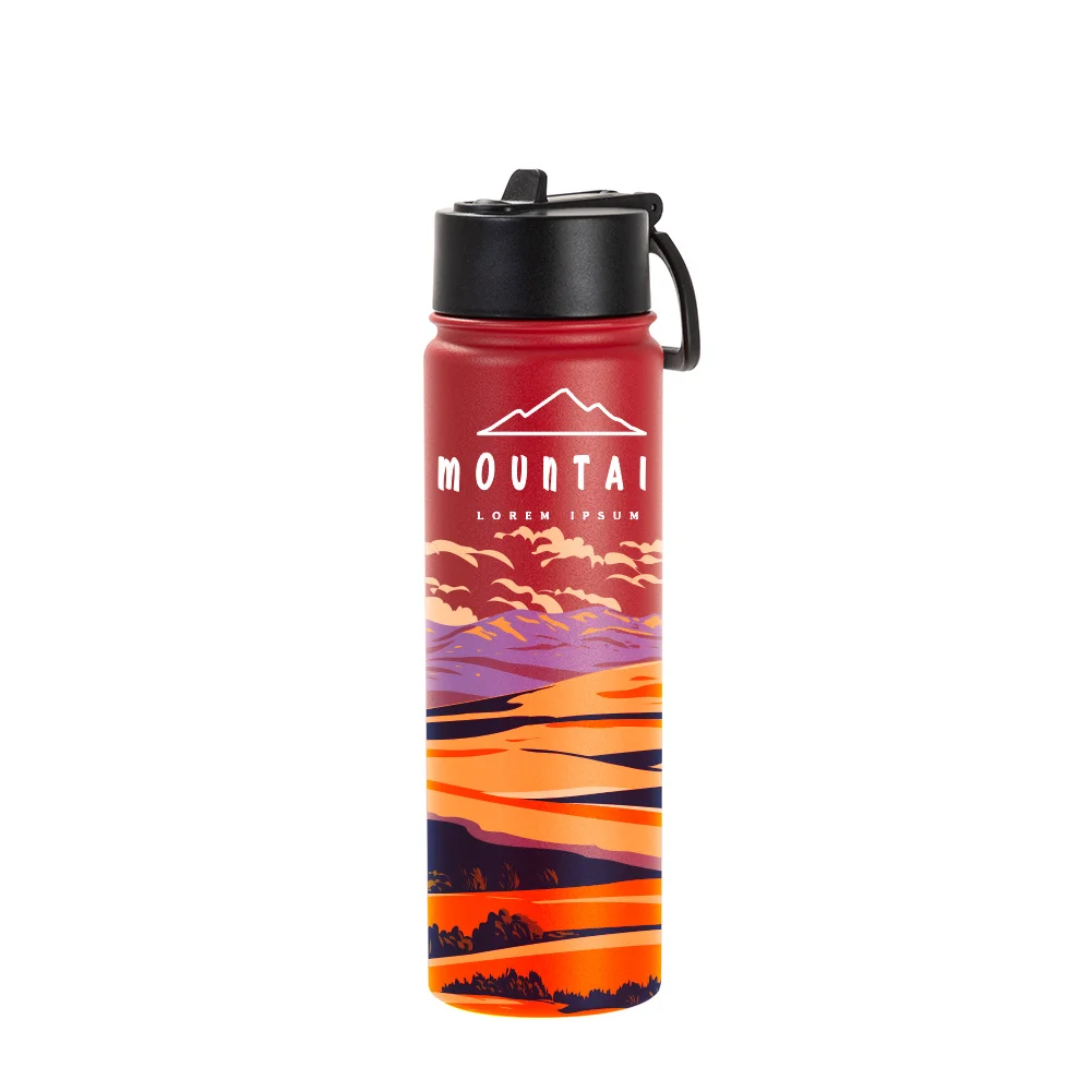22oz/650ml Stainless Steel Flask with Wide Mouth Straw Lid & Rotating Handle (Powder Coated, Red)